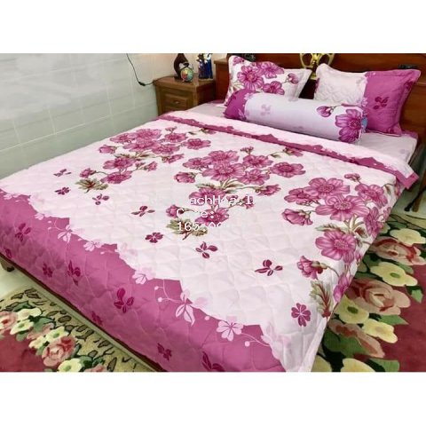 [Sales 50%] Chăn ga gối - drap giường cotton poly hoa đào bộ 5 món
