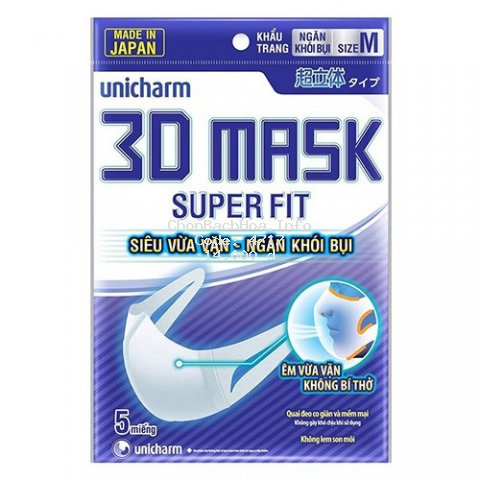 Khẩu trang ngăn khói bụi Unicharm 3D Mask Super Fit size M gói 5 cái