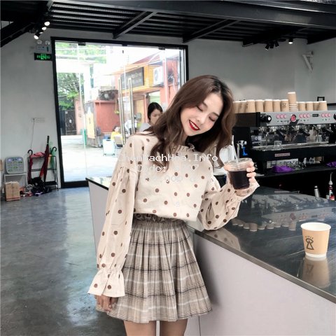New Fashion Women Long-sleeved Shirt Korean Loose Polka Dot Lantern Sleeve Bottoming Shirt