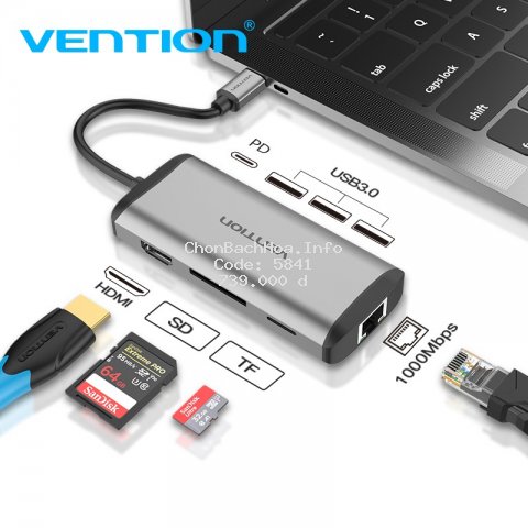 Thiết bị chia cổng sạc VENTION 4K UHD Type-c HDMI/3 USB3.0 /RJ45 1000Mbps/ TF/SD/ PD 4 trong 1 tiện dụng