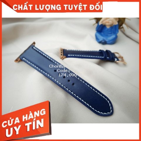Dây Đồng Hồ Handmade da bò màu xanh navy chỉ trắng ; Tặng kèm khóa kim, Tool tháo lắp, Chốt gắn Spring bar