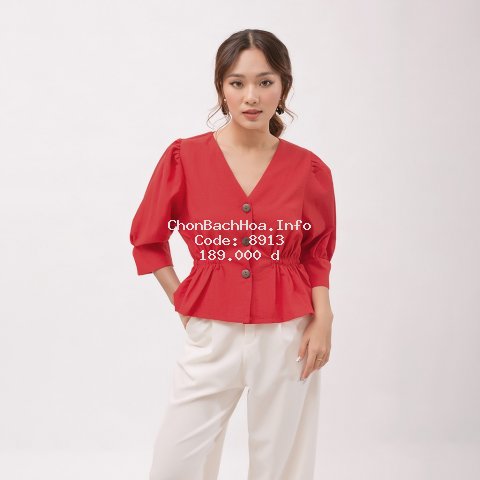 Áo Kiểu, áo công sở Thời Trang Eden Dáng Ngắn Tay Lỡ Cổ V Eo Chun - ASM060