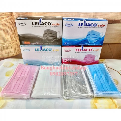 Khẩu trang Lehaco 4 lớp giấy kháng khuẩn màu Xanh / Hồng / Trắng / Xám 50 cái/ hộp