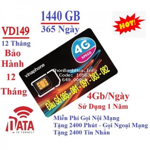 SIM VD149 12T- 1440GB ( Miễn Phí Data ) và Gọi Miễn Phí và nhắn tin Miễn Phí -Sản Phẩm Sử Dụng Bảo Hành 12 Tháng