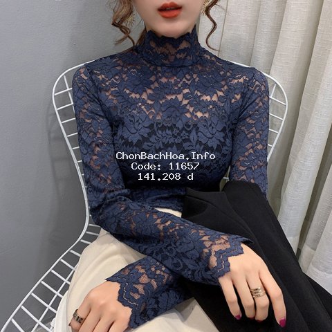 Autumn 2020 new half high neck slim fit long sleeve T-shirt women's autumn winter hollow lace bottoming top