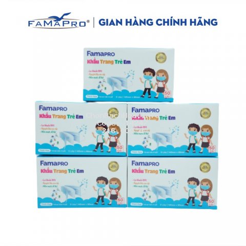 Combo 5 hộp khẩu trang y tế trẻ em kháng khuẩn 3 lớp Famapro max kid ( 50 cái /hộp )