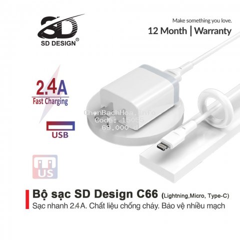 Bộ Củ + cáp sạc SD DESIGN C66 chính hãng sạc nhanh an toàn cho điện thoại Android,Iphone