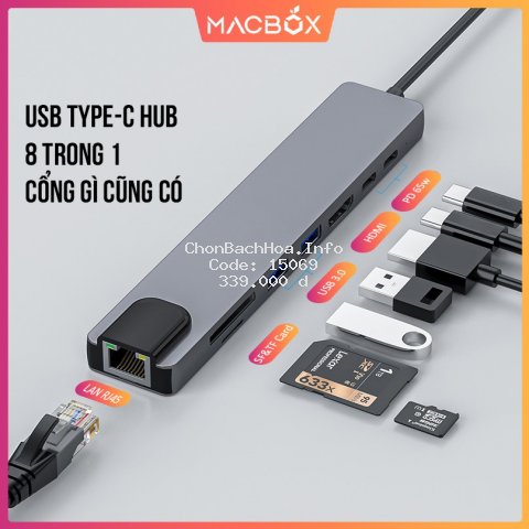 Hub Type C 8in1 - Cổng chuyển đổi HUB USB Type-C to HDMI, USB 3.0, SD, TF, RJ45, PD Type-C cho Laptop Macbook